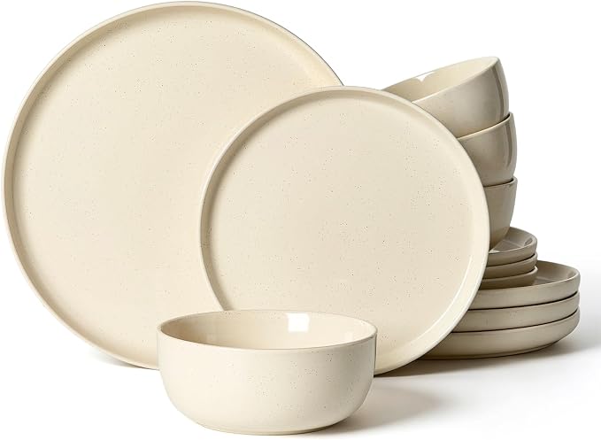 Famiware Milkyway Stoneware Dinnerware Set, 12-Piece, Plates and Bowls for Everyday & Formal Dining, Service for 4, Microwave and Dishwasher Safe, Scratch-Resistan, Almond Milk