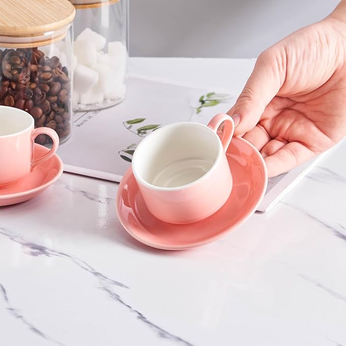 YOLIFE 2.5oz Espresso Cups Set of 4, Porcelain Stackable Espresso Cups, Expresso Shots Cup Set with Saucers and Metal Stand-Pink