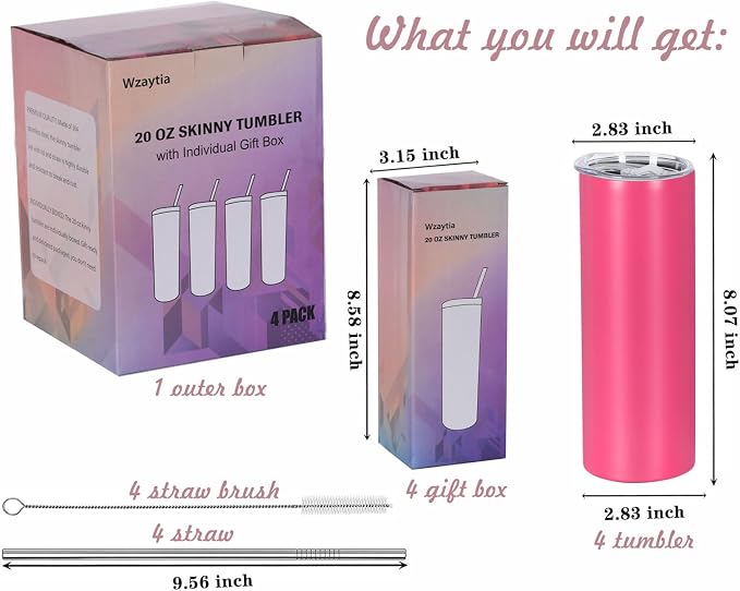 4 Pack 20 Oz Straight Skinny Tumblers,Individually Gift Boxed Stainless Steel Slim Skinny Tumbler Set Bulk, 20 Oz Insulated Slim Thin Travel Tumbler Cup for Diy,Hot Pink