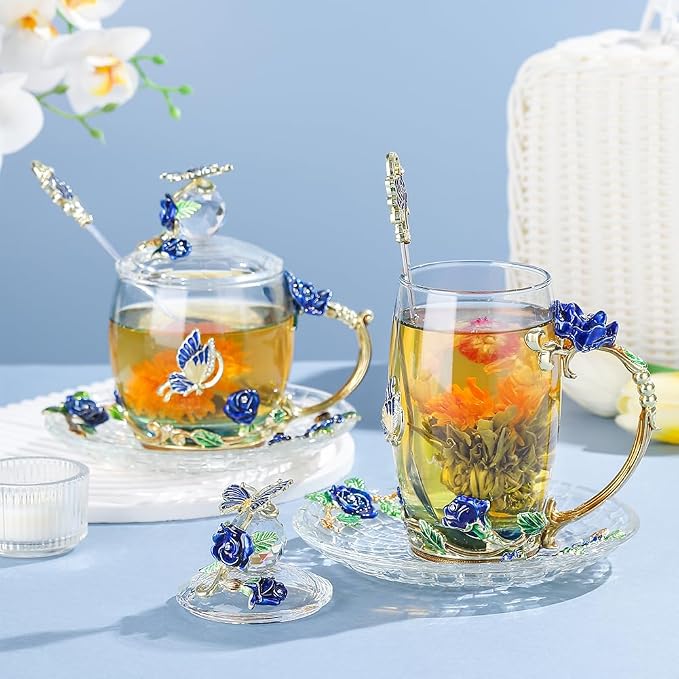 Christmas Gift Coffee Mug Tea Cup with Lid Saucer Birthday Gift for Women Friend Mother's Valentine's Day Rose Butterfly Cup Wedding Anniversary(Short Blue)