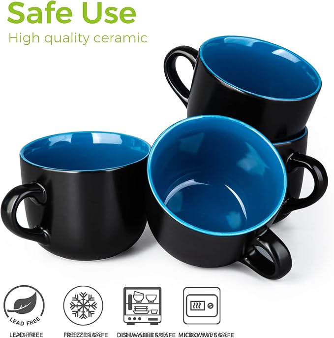 AmorArc 24 oz Soup Mugs with Handles, Jumbo Ceramic Bowls Mugs Set with handles for Coffee Cereal Cappuccino Snacks, Microwave&Dishwasher safe Soup Cups for Meal-Blue