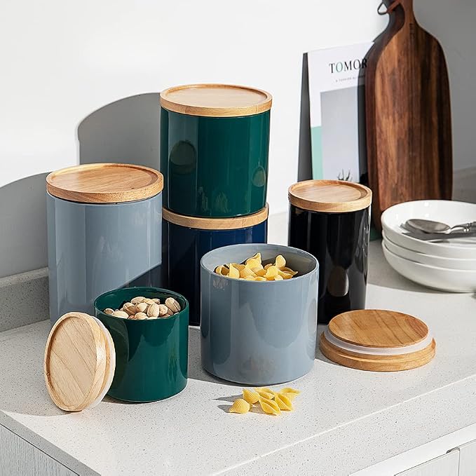 Sweejar Kitchen Canisters Ceramic Food Storage Jar, Stackable Containers with Airtight Seal Wooden Lid for Serving Coffee Bean, Flour, Tea, Spice and More - 39 Fl Oz (Navy)