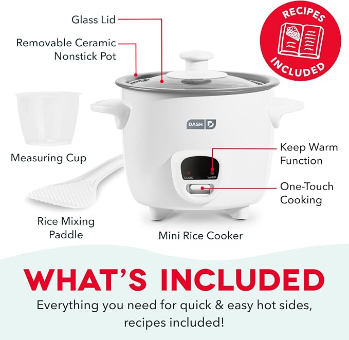Dash Mini Rice Cooker | Small Rice Maker, 2 Cups Cooked / 1 Cup Uncooked, Ceramic Nonstick Removable Pot, Keep Warm Function, Compact and Portable for Dorm, Travel, Single Serve, White