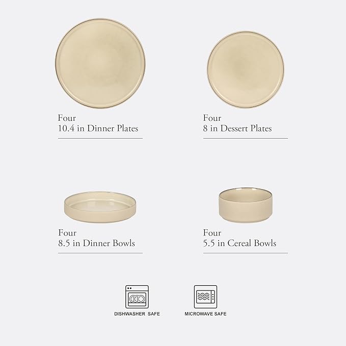 Gibson Elite Liberty Bay 16-Piece Pottery Clay Stoneware Dinnerware Set – Taupe Reactive Glaze, Stackable Plates and Bowls W/Pasta Bowl, Service for 4 – Microwave & Dishwasher Safe