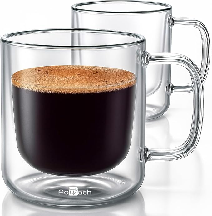 Aquach 8oz Double Walled Glass Coffee Mugs 2pcs, Insulated Espresso Cups | Dishwasher/Microwave Safe, Borosilicate Glass, Double-walled, Smooth Rim, Comfort Handle, Small Capacity