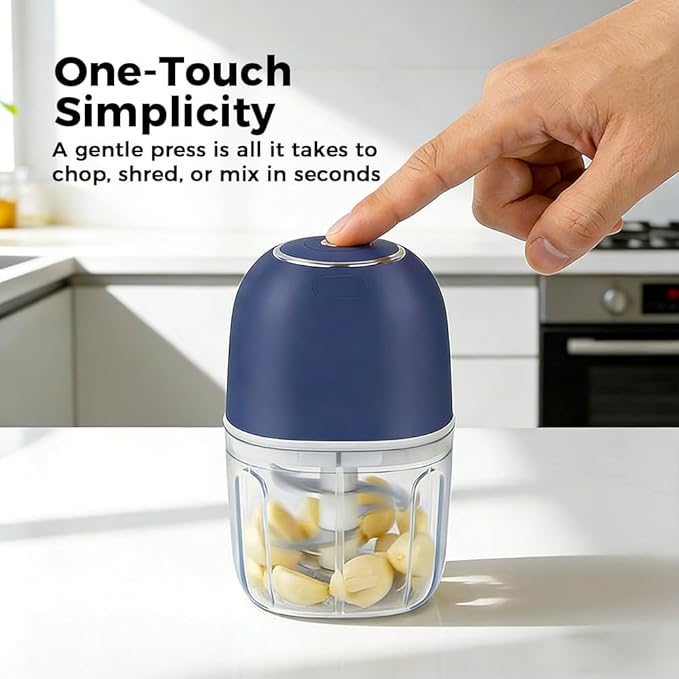Electric Garlic Chopper Mini 350ml, USB Rechargeable Portable Veggie Chopper, Wireless Mini Food Processor with Stainless Steel Blades for Garlic, Onion, Nuts & Vegetables (Blue)