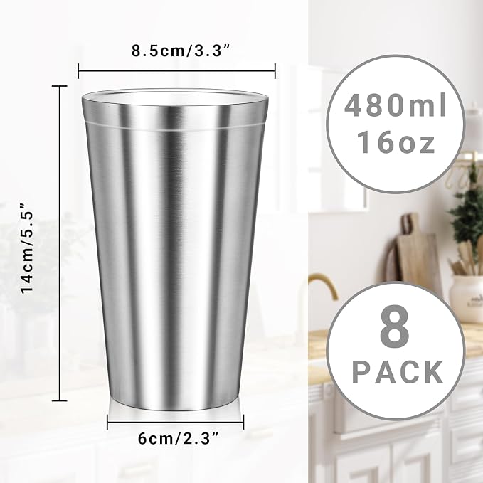 Stainless Steel Cup, 16 oz Insulated Tumbler, 8 Pack Double Wall Unbreakable Stackable Water Tumblers Insulated Metal Cup Premium Drinking Glasses for Travel Camping Home Outdoor