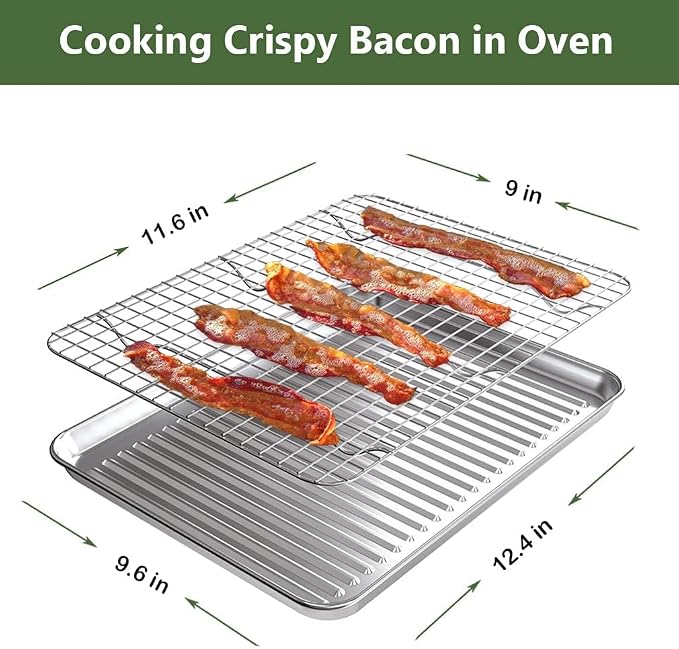 ROTTAY Quarter Baking Sheet Pan with Wire Rack Set [2 Pans + 2 Racks], Stainless Steel Cookie Sheet for Oven, Warp Resistant & Heavy Duty & Rust Free, Size 12 x 10 x 1 Inches