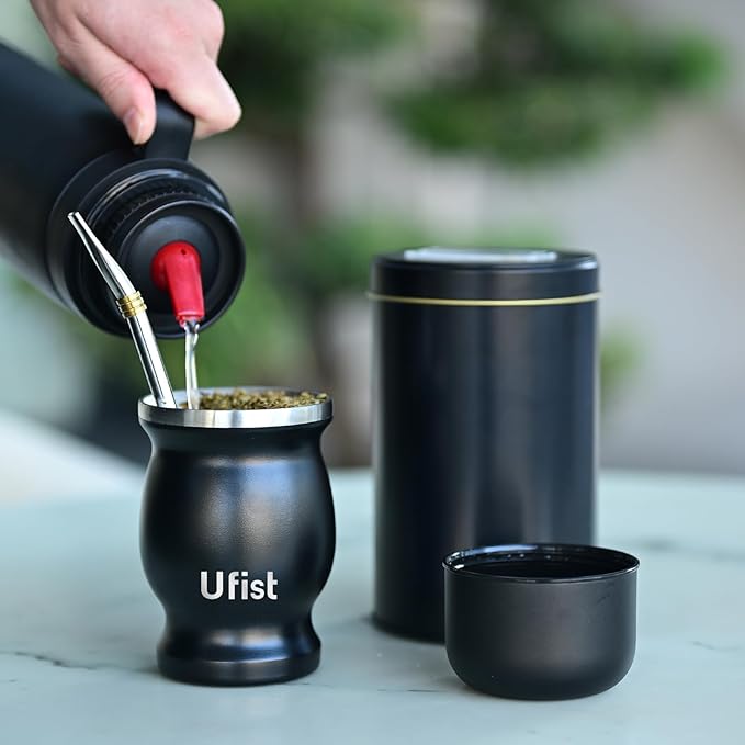 Complete Yerba Mate Kit - Includes Argentina Mate Gourd, 2pcs Straw (Bombilla), Yerbero, 1000ml Insulated Bottle - Stainless Steel Yerba Mate Set (Black)