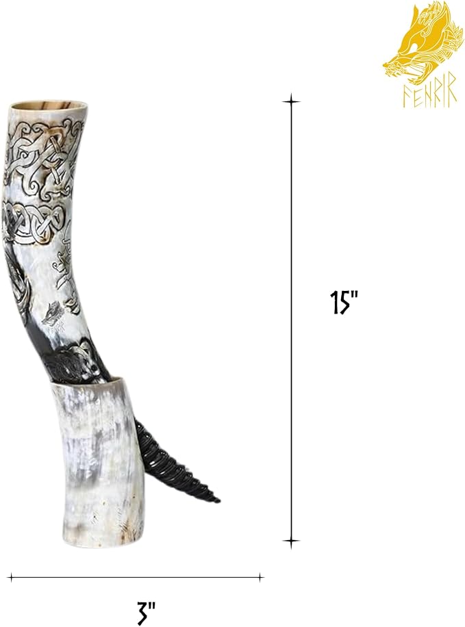 FENRIR Viking Drinking Horns With Stand Leather Hoster | Thor Bottle Opener | Norse Medieval Authentic Ox Horn for Ale, Mead, Whiskey | Unique Gifts for Men | 16-20 oz Triple Horn of Odin