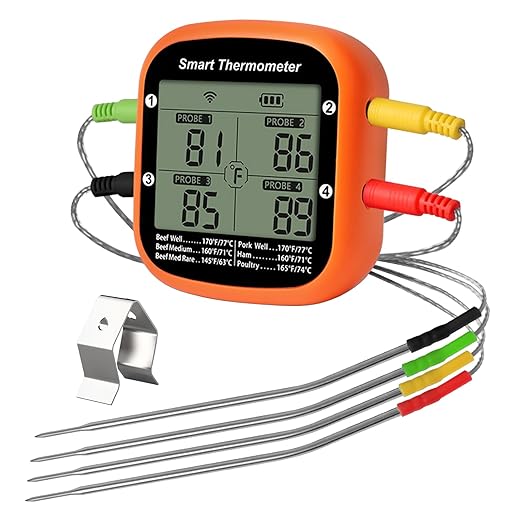 YFL Wireless Meat Thermometer with 4 Color Probes, Bluetooth Smart BBQ Thermometer for Grilling & Smoker, Magnetic Kitchen Thermometer165ft Range Digital Remote App Monitor