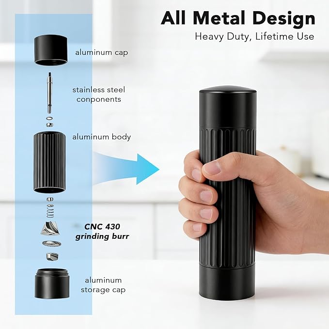 Pepper Mill Grinder, Professional Grade Heavy Duty Metal Manual Pepper Mill, Refillable High Output Heavy Duty Pepper Grinder with Adjustable Coarseness, Stainless Steel Burrs Easy Grinding