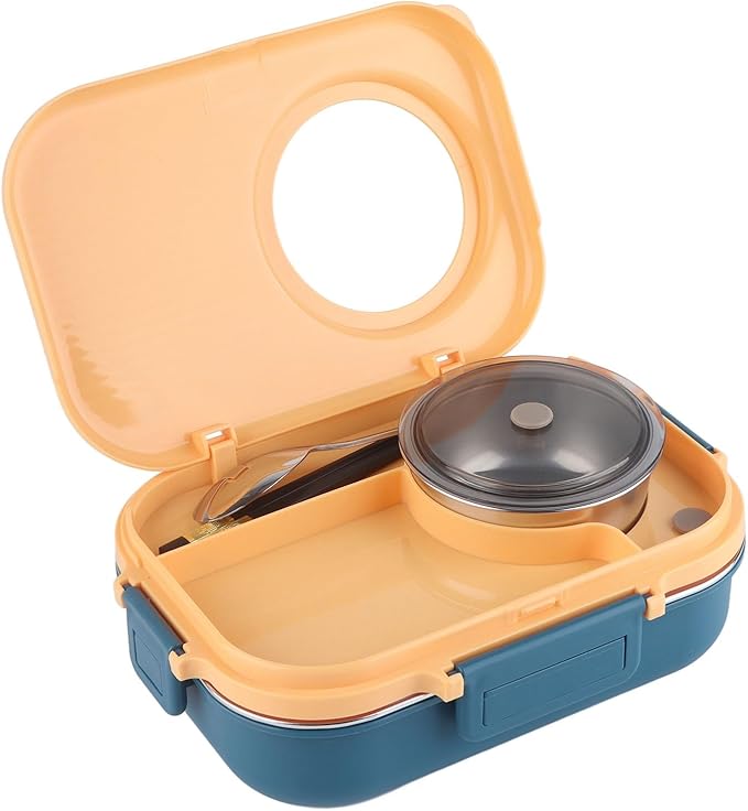 Tbest Thermal Lu Box For Hot Food Thermal Tazon,Lu Box Lu Box Thermal Lu Box 1100Ml Double Layer 3 Grid Design 304 Stainl Steel Box With Chopsticks Spoon Soup Bowl G (Blue Yellow)