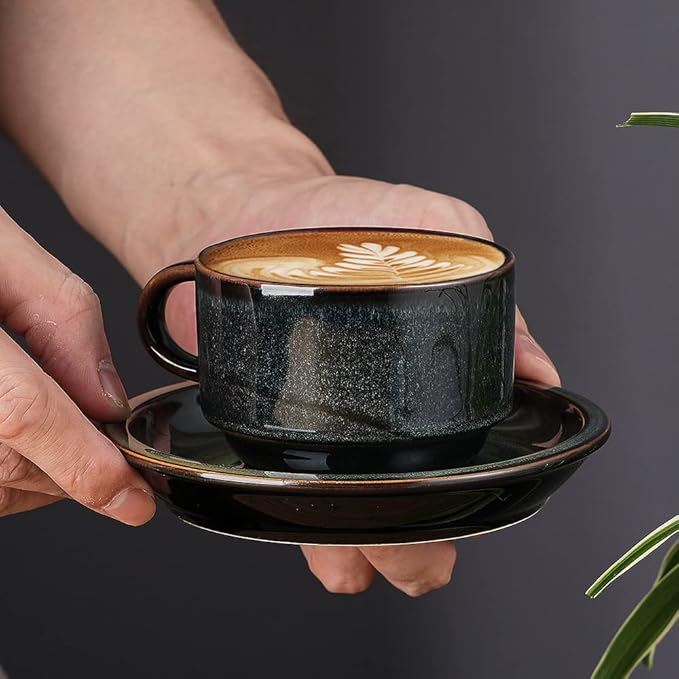 JIEMEI HOME Porcelain Stackable Espresso Cups with Saucers and Metal Stand, 4 Ounce Demitasse Cups for Specialty Coffee Drinks, Latte, Tea Set of 4, Stackable Espresso Mugs, Kiln Tide Glaze