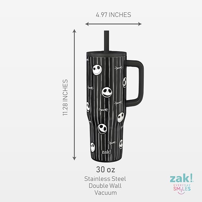Zak Designs Disney Tim Burton's The Nightmare Before Christmas Sutton Travel Tumbler for On the Go, 30oz Stainless Steel with Vacuum Insulation and Silicone Straw for Cold Drinks (Jack Skellington)
