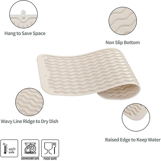 MicoYang Silicone Dish Drying Mat for Multiple Usage,Easy clean,Eco-friendly,Heat-resistant Silicone Mat for Kitchen Counter,Sink,Bar,Bottle,or Cup Tapioca M 17 inches x 6 inches