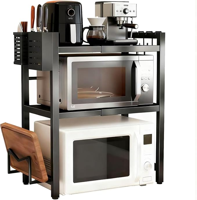 Microwave Oven Rack, Expandable Microwave Stand Countertop Shelf Heavy Duty 3-Tier Shelf with Cutting Board Holder Knife Rack and Chopstick Storage for Kitchen Top Organizer, Holds 55lbs, 6 Hooks