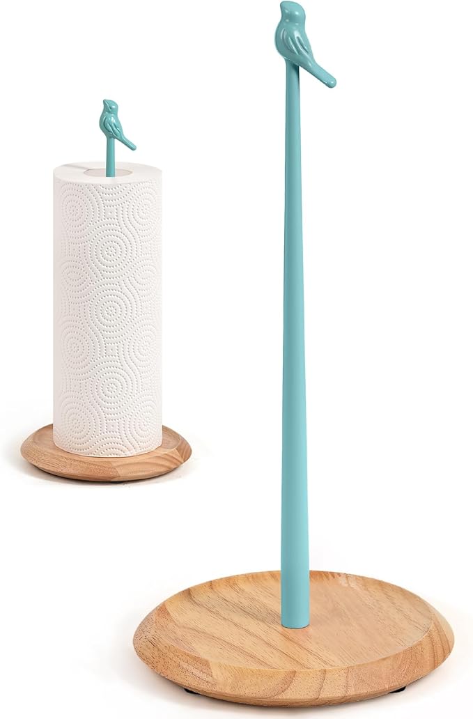 Wooden Paper Towel Holder countertop, Stylish Bird Shaped,Solid Wood Base&Iron Top, with Non-Slip Mat, Stable&Durable,Paper Towel Holder Farmhouse Style to Elevate Your Kitchen's Décor (Blue)