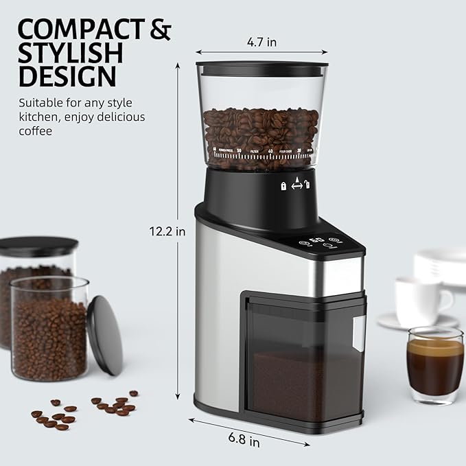 Burr Coffee Grinder Electric, Coffee Bean Grinder with 60 Adjustable Grind Settings, 60s Precision Timer & 1-8 Cup, Anti-static