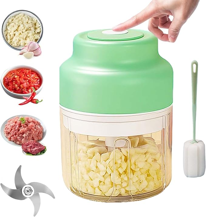 Electric Garlic Chopper, Mini Food Processor, Mini Portable Veggie Chopper with 4/6 Stainless Steel Blades, Rechargeable Small Food Processor for Garlic, Onion, Chili, Ginger, Nuts (Green, 250ML)