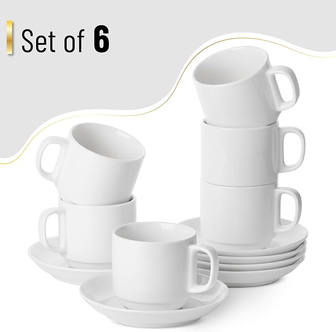 BTaT- Stackable Tea Cups and Saucers, White, Set of 6 (8 oz), Cappuccino Cups, British Coffee Cups, Porcelain Tea Set
