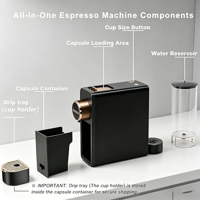 Espresso Machine Compatible with Nespresso Original Capsules, 20 Bar High Pressure Single Serve Coffee Maker, Programmable Mini Pod Coffee Machine with 18oz Tank for Espresso & Lungo - Black