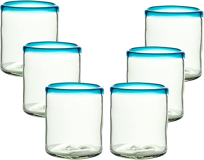 Aqua Blue Rim Hand Blown Tumbler Glasses Set of 6 | 10 oz Mexican Glassware | Recycled Glass | Hand Blown Mexican Drinking Glasses for Cocktails, Wine & Tequila