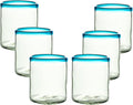 Aqua Blue Rim Hand Blown Tumbler Glasses Set of 6 | 10 oz Mexican Glassware | Recycled Glass | Hand Blown Mexican Drinking Glasses for Cocktails, Wine & Tequila
