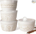 Artena Meal Prep Containers 22 OZ, 4 Pack Snack Containers, Reusable Food Storage Containers With Lids For Soup Yogurt Oatmeal Lunch Breakfast, Ceramic Cereal Bowls (White, Multiple Patterns)