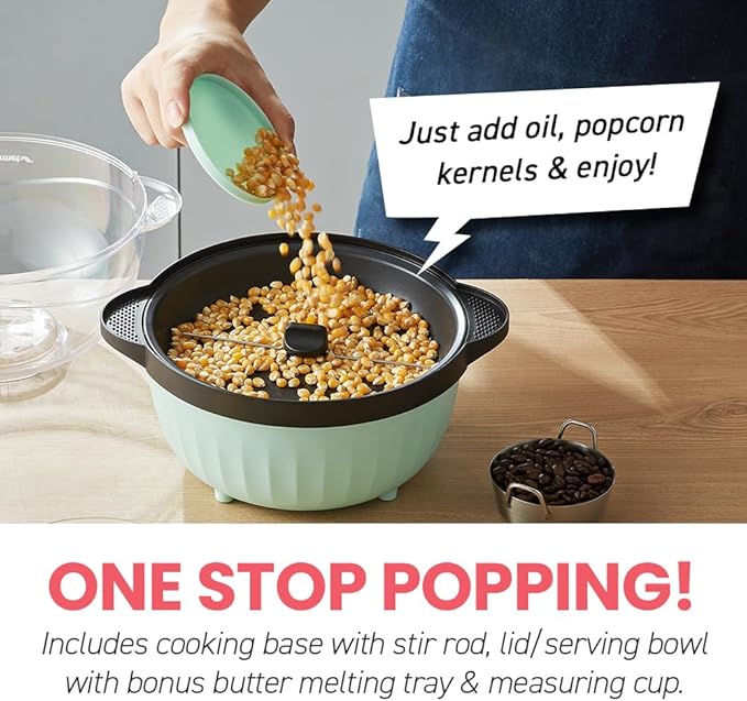 Elite Gourmet EPM145M 18-cup Hot Oil Stirring Popcorn Popper w/Measuring Cap & Reversible Serving Bowl & Butter Melting Tray, Great for Parties, Movie Night, Anytime Snack, Safety ETL Approved, Mint