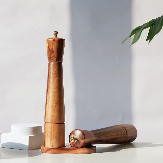 Salt and Pepper Grinder Set with Tray, Adjustable Ceramic Grinder Salt Mill, Stainless Steel Grinder Pepper Mill, Acacia Wood, 32 cm / 12 inch Height, Bottom Dia 6 cm (Tray is Included)