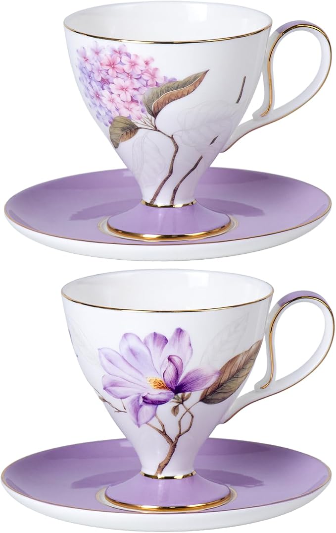 KAMMAK Ceramic Coffee Cups Saucers Set of 2, Porcelain Espresso Cup with Saucer, 8.45 oz Handcrafted Elegant Bone China Tea Cups, Purple Floral Pattern Demitasse Cup for Latte, Americano, Cappuccino
