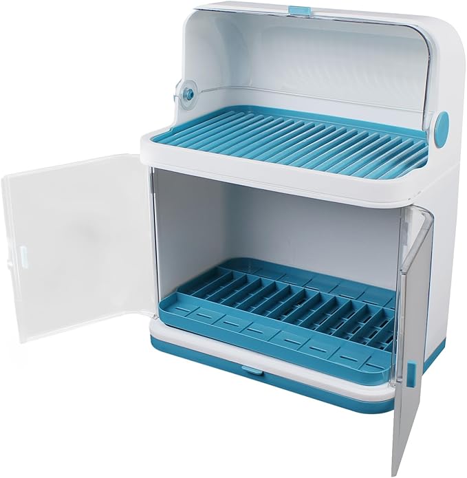 2 Tier Dish Drying Rack with Cover, Plastic Kitchen Plate Cup Dish Drying Rack， with Removable Drain Board, for Dish/Knifes/Cup, Blue, White