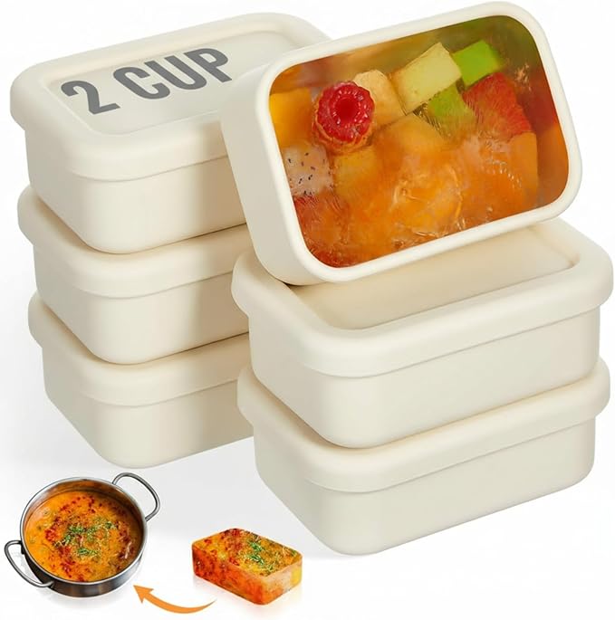 Teenyyou 6 Packs Silicone Soup Freezer Molds with Lid Silicone Soup Freezer Trays Rectangle Reusable Food Preserving Tray Freezing Sauces Stews (Beige,2 Cup)