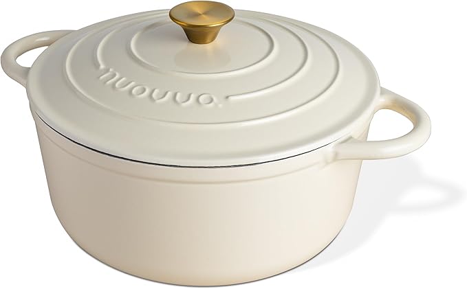 Cast Iron Dutch Oven with Lid-Non-Stick Ovenproof Enamelled Casserole Pot - Sturdy Dutch Oven Cookware-Cream, 7.3- Quart, 30cm- by Nuovva