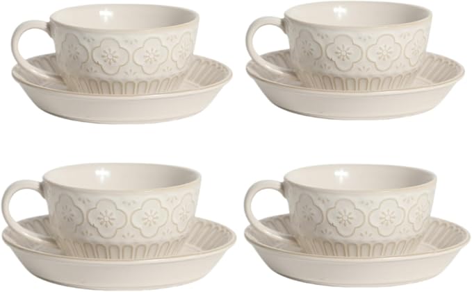 LOWYEPAULHO Cappuccino Cups with Saucers, 5''Ceramic Coffee Cup and Saucer set for Au Lait, Double shot, Latte, Cafe Mocha,Set of 4