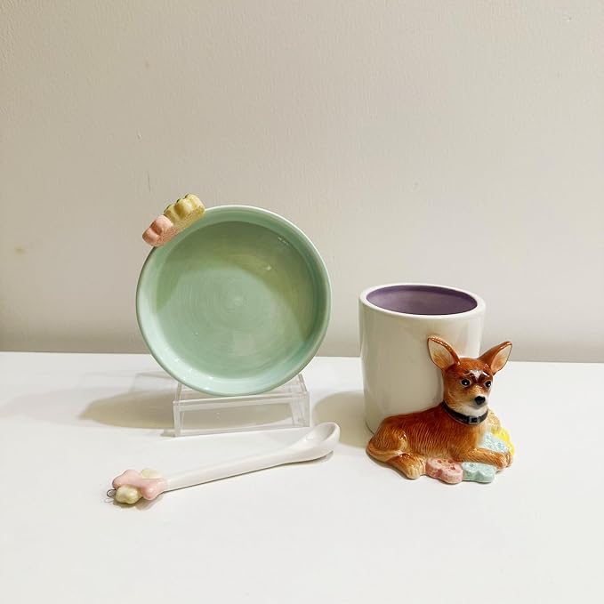 Ceramic Animal Coffee Mug Cup and Saucer Set，200ML(6.8OZ) 3D Hand-painted Tea Cup with Spoon (Brown)
