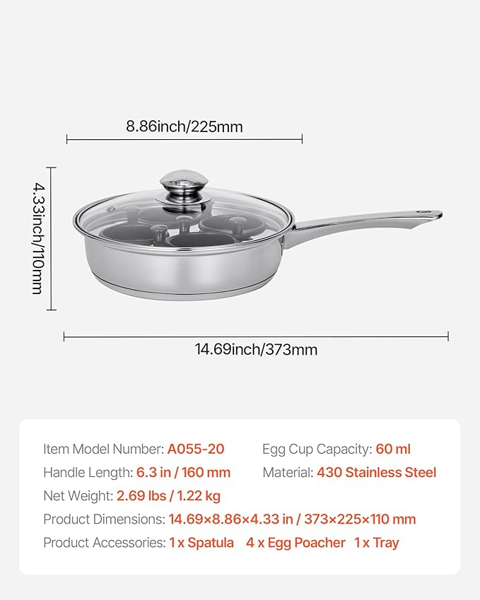 VEVOR Egg Poacher Pan, 4-Cup Poached Egg Maker, Stainless Steel Poaching Pan and Frying Skillet, with 4 Nonsitck Detachable Large Cups, Lid, and Silicone Spatula, Compatible with Induction Stovetop