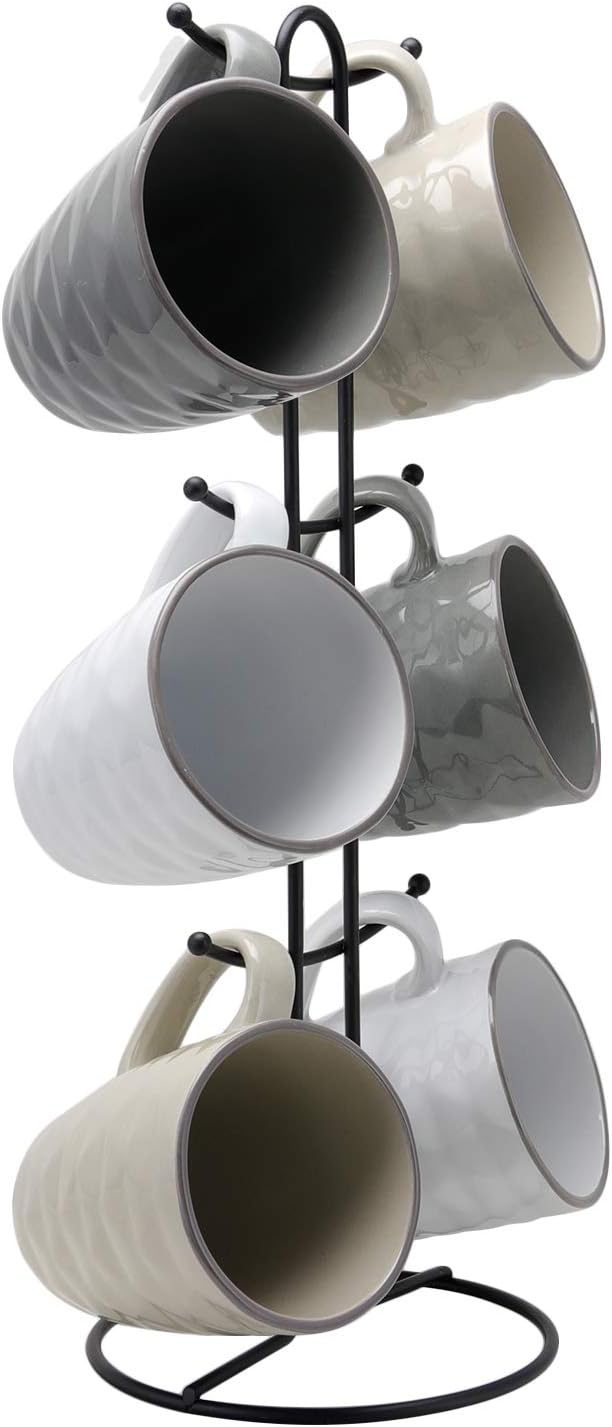 Elama Tahitian Waves 6 Piece 12 oz Mug Set in Assorted Tones with Complimentary Stand