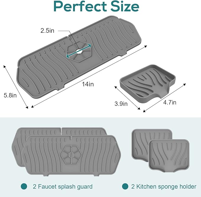 4 PCS Kitchen Sink Splash Guard and Soap Tray, Silicone Faucet Guard Mat Faucet Splash Catcher Sponge Holder with Drain Spout, Keep Kitchen Bathroom Sinks Countertop Soap Dry (grey)