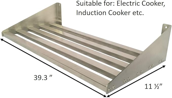 304 Stainless Steel Standard Wall Shelf, Cookware Storage Organizer, Kitchen Wall Pot Pan Rack,With 6 Hooks, Capacity 200 lb (39.3" x 11.5") suitable for Electric or Induction Cooker