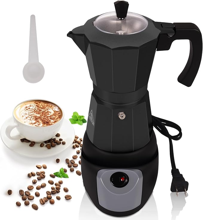 Aluminum Electric Moka Pot 3-6 Cup 270ml Express Coffee Maker Stovetop Espresso Portable Coffeemaker Italian Classic Brewing Greca Cafe Mocha with Removable Base and Overheating Protection Machine