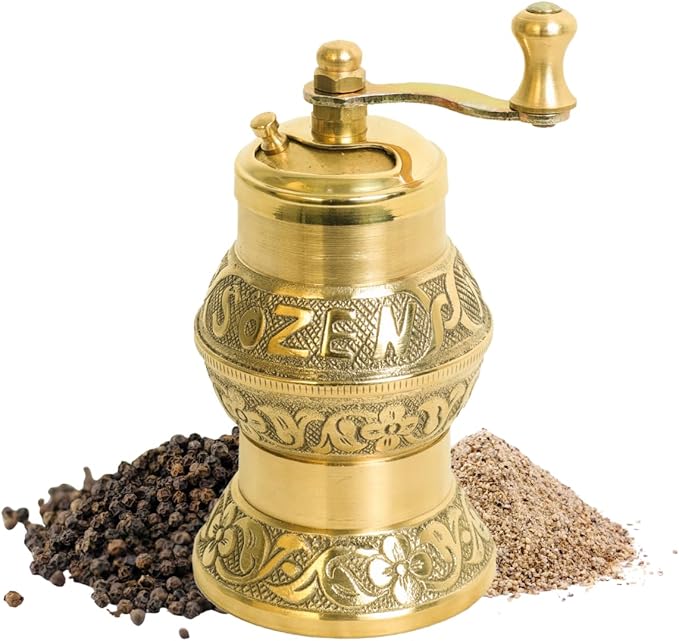 Sozen 4.7" Istanbul Manual Pepper Grinder Brass – Handmade Turkish Pepper Mill, Conical Burr Spice Grinder, Portable Hand Crank Mill for Salt, Peppercorns, and Other Spices with Durable Brass Decor