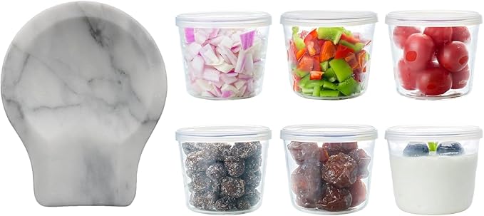 Marble Spoon Rest for Kitchen Counter, Stove Top, Spatula, Tongs Holder with Non-Slip Silicone Feet, 1 Pack + Small Glass Bowls with Lids, Set of 6, Food Leftover Containers, 6.8 Ounces