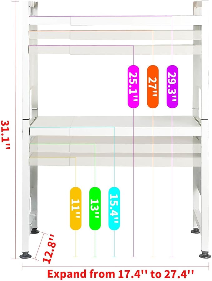 Expandable Microwave Stand Countertop, 3 Tier Heavy Duty Over Microwave Shelf Countertop with 4 Hooks, Height Adjustable Metal Microwave Oven Rack Shelf for Kitchen Tabletop,Holds 160lb,White