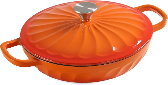 Enameled Cast Iron Dutch Oven, 3.8 Quart Dutch Oven Pot with Lid, Shallow Cast Iron Braiser with Handles, Oven Safe up to 500°F (Orange)