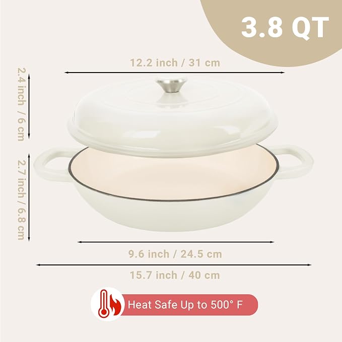 Enameled Cast Iron Dutch Oven, 3.8 Quart Pot With Lid, Non-Stick, Round, Oven Safe up to 500F for Marinate, Cook, Bake, Refrigerate and Serve - Cream White