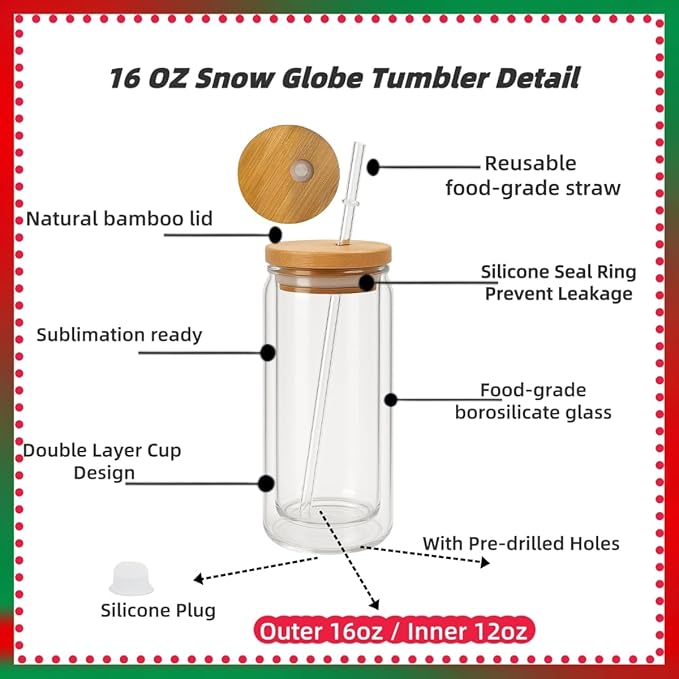 SIECCY Snow Globe Tumbler Kit – 4 Pack 16oz Snow Globe Cups, Pre-Drilled Double Wall Glass, Bamboo Lids, Straws, 13 Glitter Colors, Funnels, Bent Syringe, UV Resin