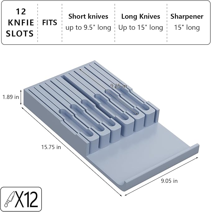Domax Bamboo In-Drawer Knife Block Kitchen Knife Organizer Insert for 12 Knives and 1 Sharpening Steel(Not Included), Steak Knife Holder, Gray
