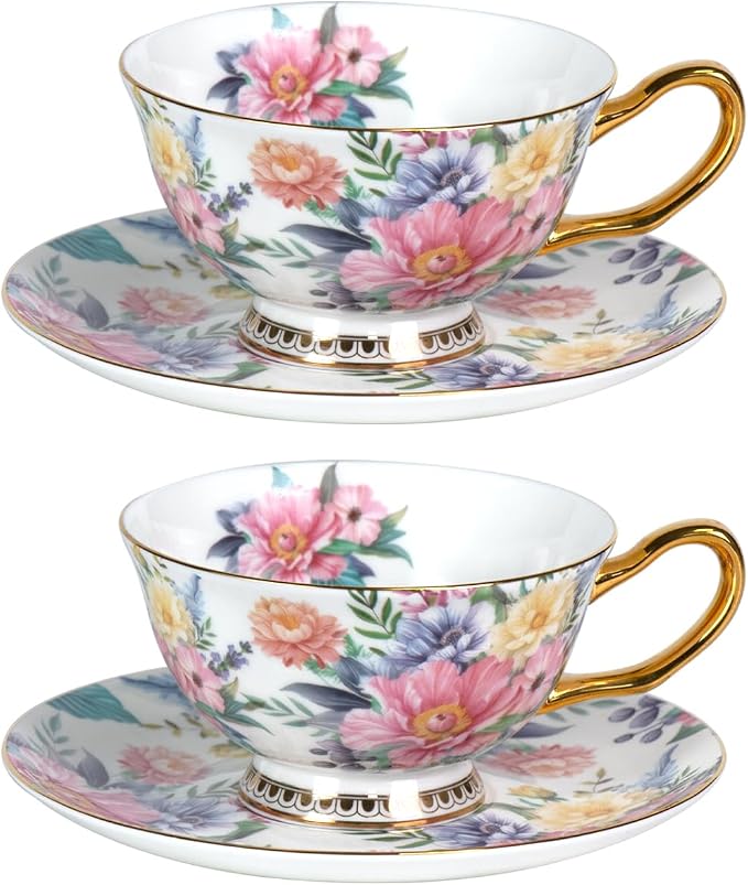 KAMMAK Tea Cups and Saucers Set of 2, Porcelain Coffee Cups, Stackable Espresso Mugs, Ceramic Demitasse for Coffee, Cappuccino, Latte, Americano, Tea, Blooming Flowers